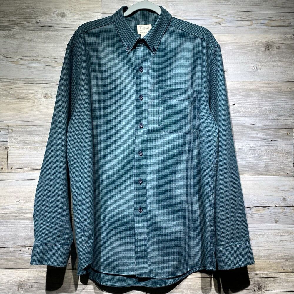 LL BEAN Flannel Button-Down Shirt Blue Green Houndstooth Mens Large REG Trad Fit